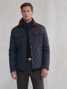 Polo Ralph Lauren Quilted Jacket XL Navy Brown Trim Lightweight Coat